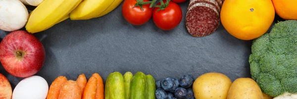 Fruits and vegetables food collection banner frame slate copyspa — Stock Photo, Image