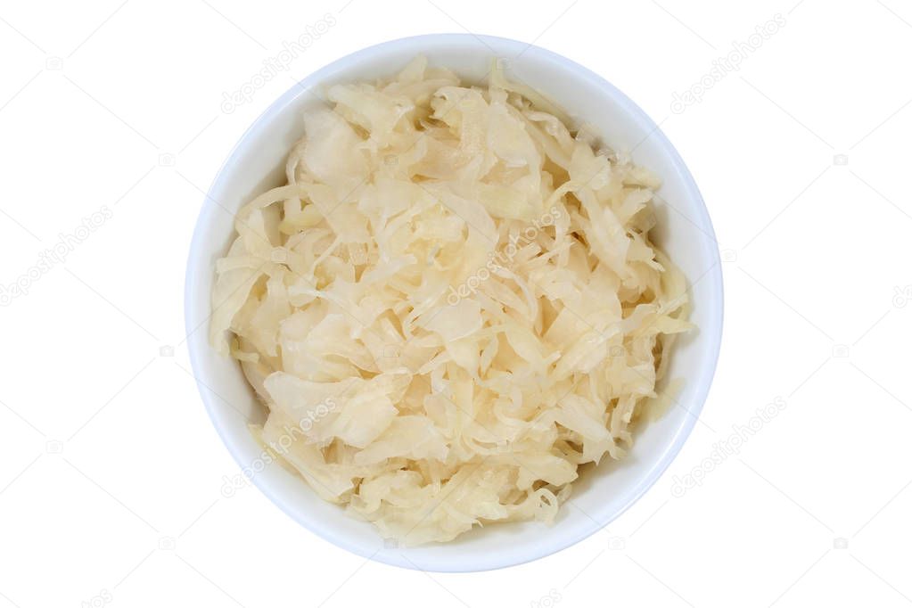 Sauerkraut coleslaw cabbage sliced from above bowl isolated on w