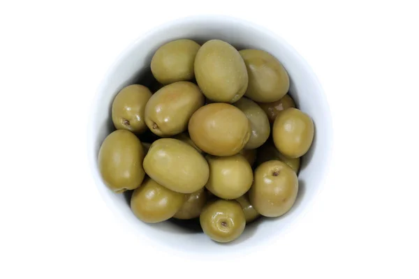 Olajbogyó olívaolaj felülről elszigetelt fehér tál zöld — Stock Fotó