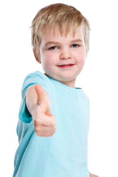 Niño sonriendo niño pequeño éxito pulgares hacia arriba aislado en — Foto de Stock