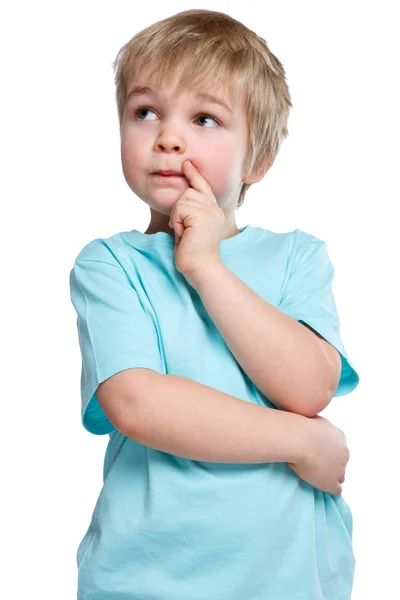 Child kid think thinking daydreaming young little boy isolated o — Stock Photo, Image