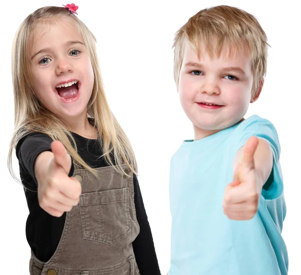 Bambini bambini sorridenti giovane poco successo pollici di successo su — Foto Stock