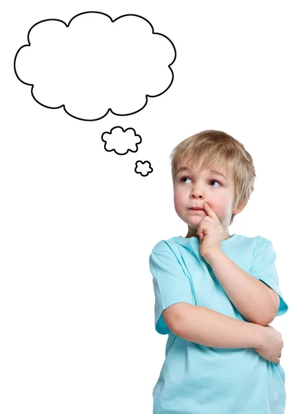 Child kid think thinking daydreaming young little boy speech bub — Stock Photo, Image