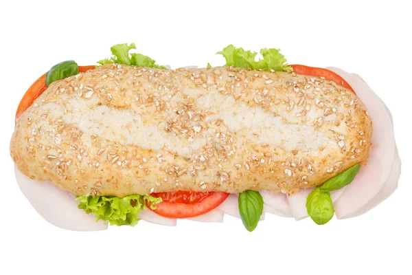 Baguette di cereali integrali sub sandwich con prosciutto dall'alto iso — Foto Stock