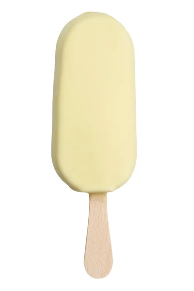 Chocolate branco coberto de sorvete em um sorvete de sorvete de pau — Fotografia de Stock