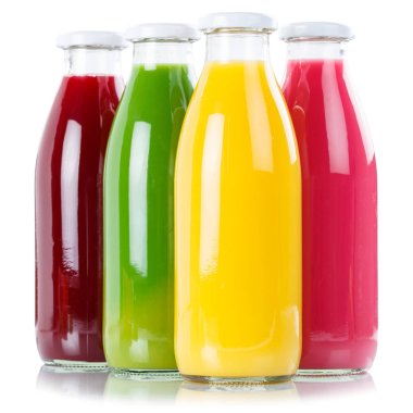 Suyu portakal güler yüzlü smoothies şişede WHI üzerinde izole kare