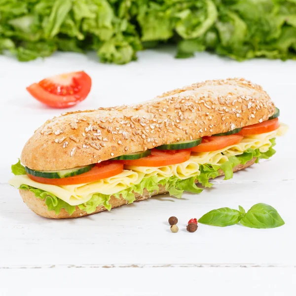 Sub sandwich whole grain grains baguette with cheese square on w — Stock Photo, Image