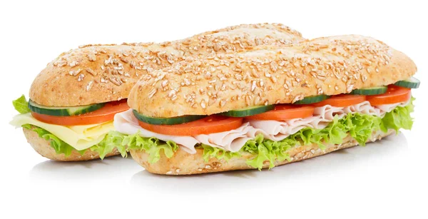 Sub sanduíches com presunto e queijo grãos integrais grão baguetes — Fotografia de Stock