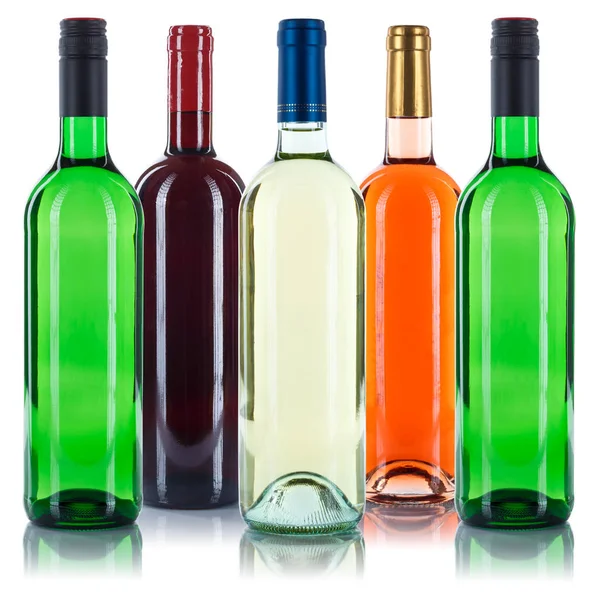 Coleção de garrafas de vinho colorido rosa branca vermelha isolada em w — Fotografia de Stock