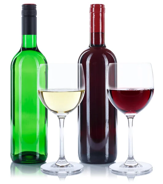 Botellas de vino tinto y blanco vasos aislados en blanco —  Fotos de Stock