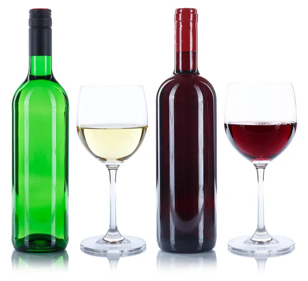 Botellas de vino tinto y blanco vidrio alcohol aislado — Foto de Stock