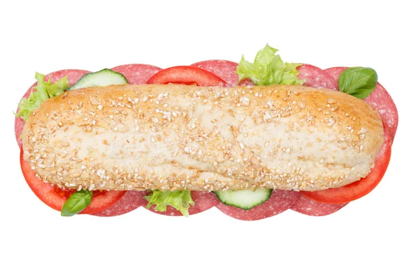 Sub sandwich whole grains grain baguette with salami from above — Stock Photo, Image