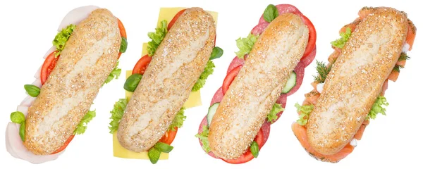 Sub sandwiches whole grains ham salami cheese salmon fish from a — Stock Photo, Image