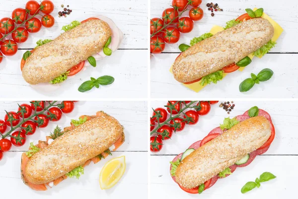Суб сендвічі колаж ціле зерно з шинкою сир салямі риба f — стокове фото