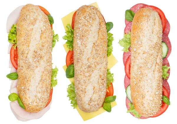 Sub sanduíches grãos integrais grãos baguetes com queijo de salame de presunto — Fotografia de Stock