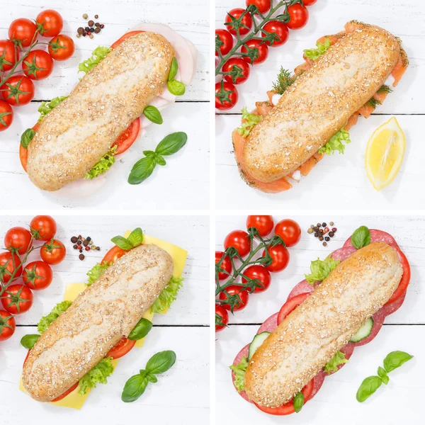 Суб сендвічі колаж ціле зерно з шинкою сир салямі риба s — стокове фото