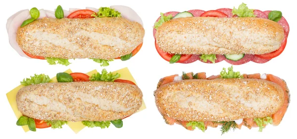 Sammlung von Sub-Sandwiches Vollkornschinken Salami Käse Salm — Stockfoto