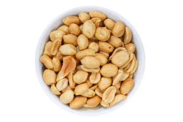 Peanuts nuts from above bowl isolated on white — Stock Photo, Image