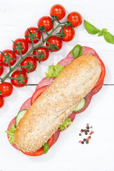 Sub sanduíche grãos integrais baguete com salame retrato fo — Fotografia de Stock