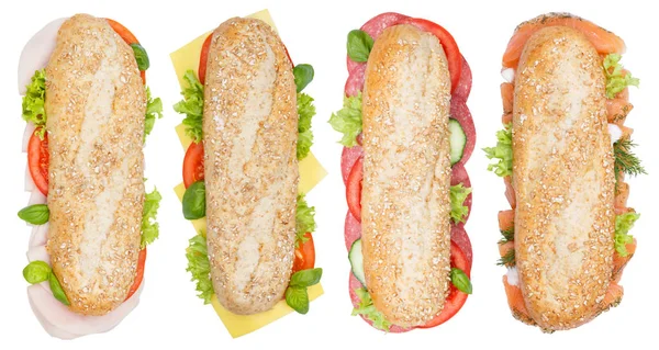 Sub sandwiches whole grains baguettes with ham salami cheese sal — Stock Photo, Image