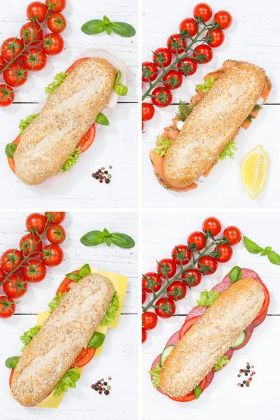 Sub sandwiches collage whole grain with ham cheese salami fish p — Stock Photo, Image