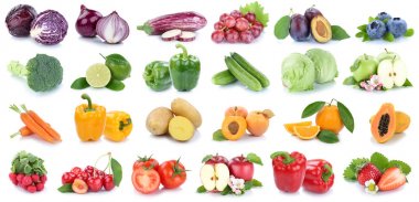 Meyve ve Sebze toplama elma portakal strawberr izole