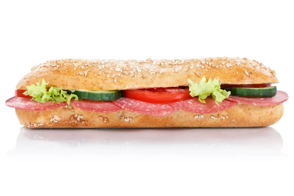 Sub sandwich with salami whole grains grain baguette lateral iso — Stock Photo, Image