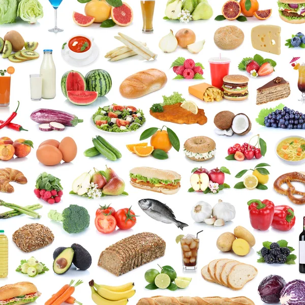 Insamling av mat och dryck bakgrund collage hälsosamt ätande f — Stockfoto