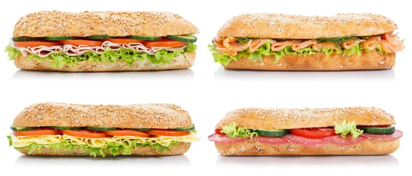 Collection of sub sandwiches with salami ham cheese salmon fish — Stock Photo, Image