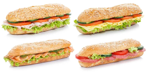 Sammlung von Sub-Sandwiches mit Salami-Schinken-Käse Lachsfisch — Stockfoto