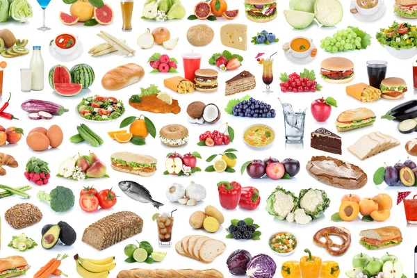 Sammlung von Lebensmitteln und Getränken Hintergrund Collage gesunde Ernährung f — Stockfoto
