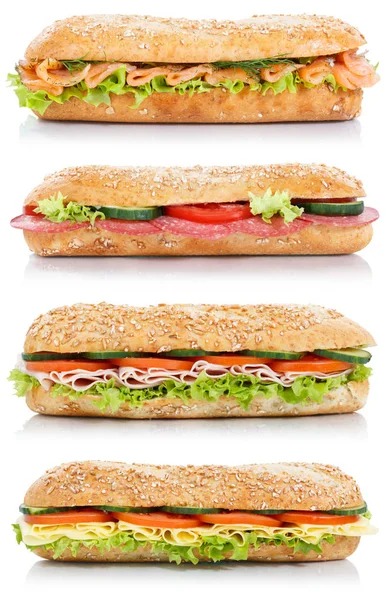 Collection of sub sandwiches with salami ham cheese salmon fish — Stock Photo, Image