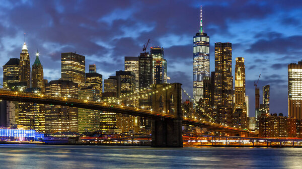 New York City skyline night Manhattan town panoramic Brooklyn Bridge World Trade Center WTC