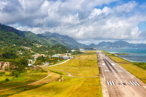 Mahe, Seychelles  February 8, 2020 Runway at Mahe airport (SEZ) in the Seychelles.