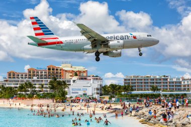 Sint Maarten  September 17, 2016 American Airlines Airbus A319 airplane at Sint Maarten airport (SXM) in Sint Maarten. Airbus is a European aircraft manufacturer based in Toulouse, France. clipart