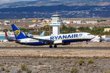 Tenerife, İspanya 23 Kasım 2019 Ryanair Boeing 737-800 uçağı Tenerife Güney Havaalanı 'nda (TFS). Boeing, merkezi Chicago 'da bulunan bir Amerikan uçak üreticisi..