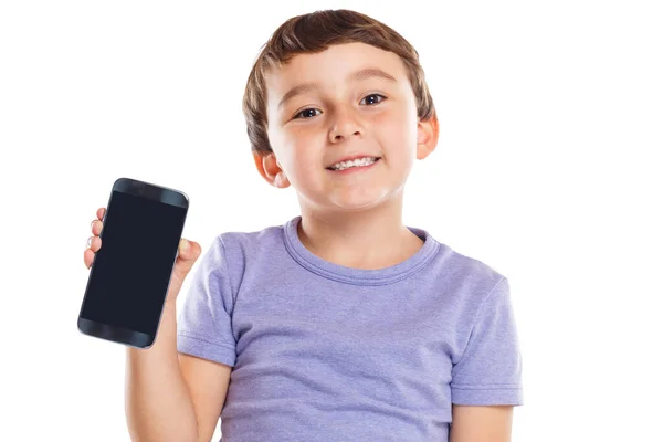 Küçük Çocuk Elinde Akıllı Telefon Cep Telefonu Pazarlama Reklamı Beyaz — Stok fotoğraf