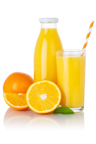 Jugo Naranja Beber Naranjas Vidrio Botella Aislado Sobre Fondo Blanco —  Fotos de Stock