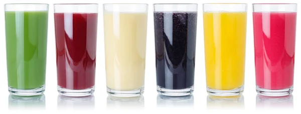 Grupp Frukt Smoothies Frukt Apelsinjuice Dryck Glas Isolerad Vit Bakgrund — Stockfoto