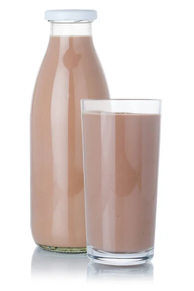 Νωπά Σοκολατούχο Γάλα Μιλκσέικ Γυάλινο Και Μπουκάλι Απομονωμένο Λευκό Φόντο — Φωτογραφία Αρχείου
