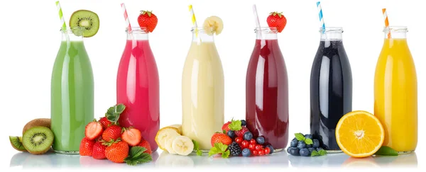 Set Fruitsmoothies Vruchten Sinaasappelsap Drank Stro Een Fles Geïsoleerd Een — Stockfoto