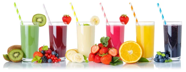 Set Fruit Smoothies Fruits Orange Juice Drink Straw Glass Isolated — Stock Photo, Image