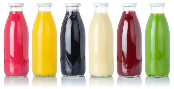 Grupp Frukt Smoothies Frukt Apelsinjuice Dryck Flaska Isolerad Vit Bakgrund — Stockfoto