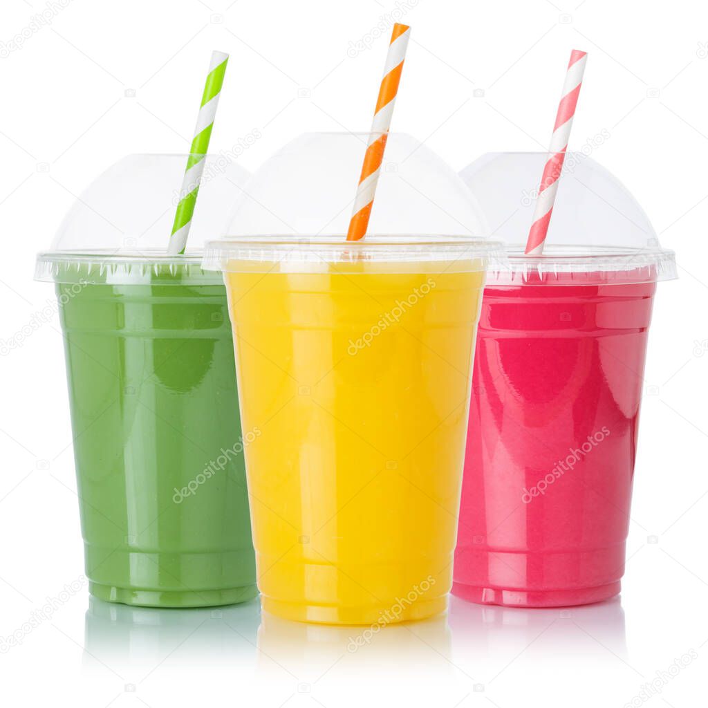 Collection of fruit smoothies fruits orange juice straw drink in cups isolated on a white background