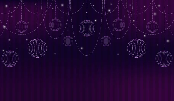 Fondo abstracto violeta con cortina de teatro, cuentas, destellos y esferas. Ilustración vectorial . — Vector de stock