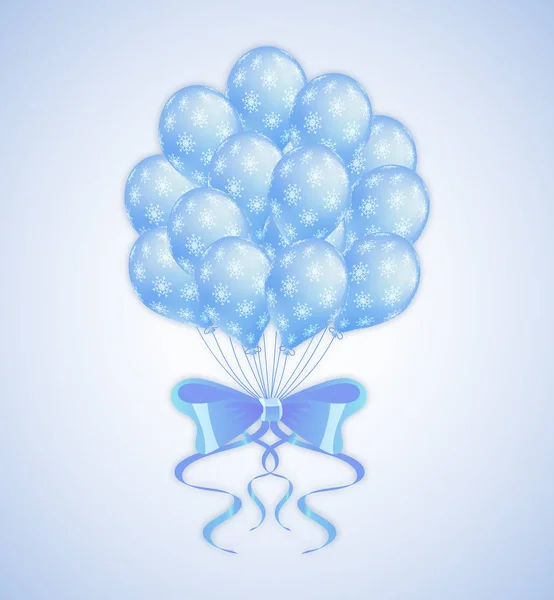 Blaue Luftballons mit Schneeflocken und Schleife — Stockvektor