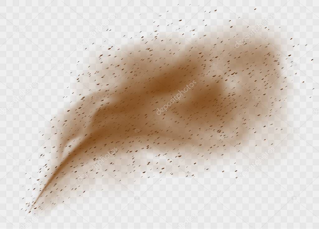 Dust cloud with ground particles. Brown sandstorm explosion with clay grains concept.