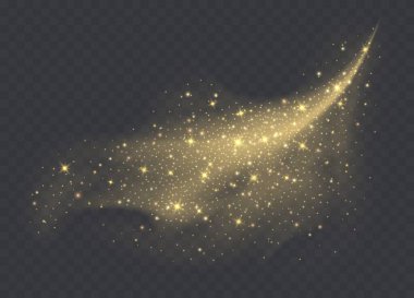 Şeffaf arka planda izole edilmiş ışıltılı altın toz bulutu. Stardust parlak arkaplan.