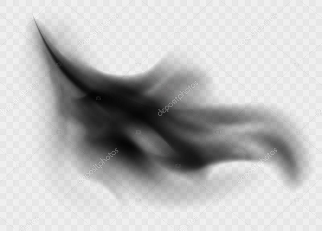 Black smoke cloud isolated on transparent background. Black cloudiness or smog. Realistic dark vector effect
