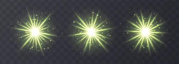 光のフレアは、透明な背景に隔離されます。緑のレンズフレア、ボケ、輝き、輝く星のコレクション. — ストックベクタ